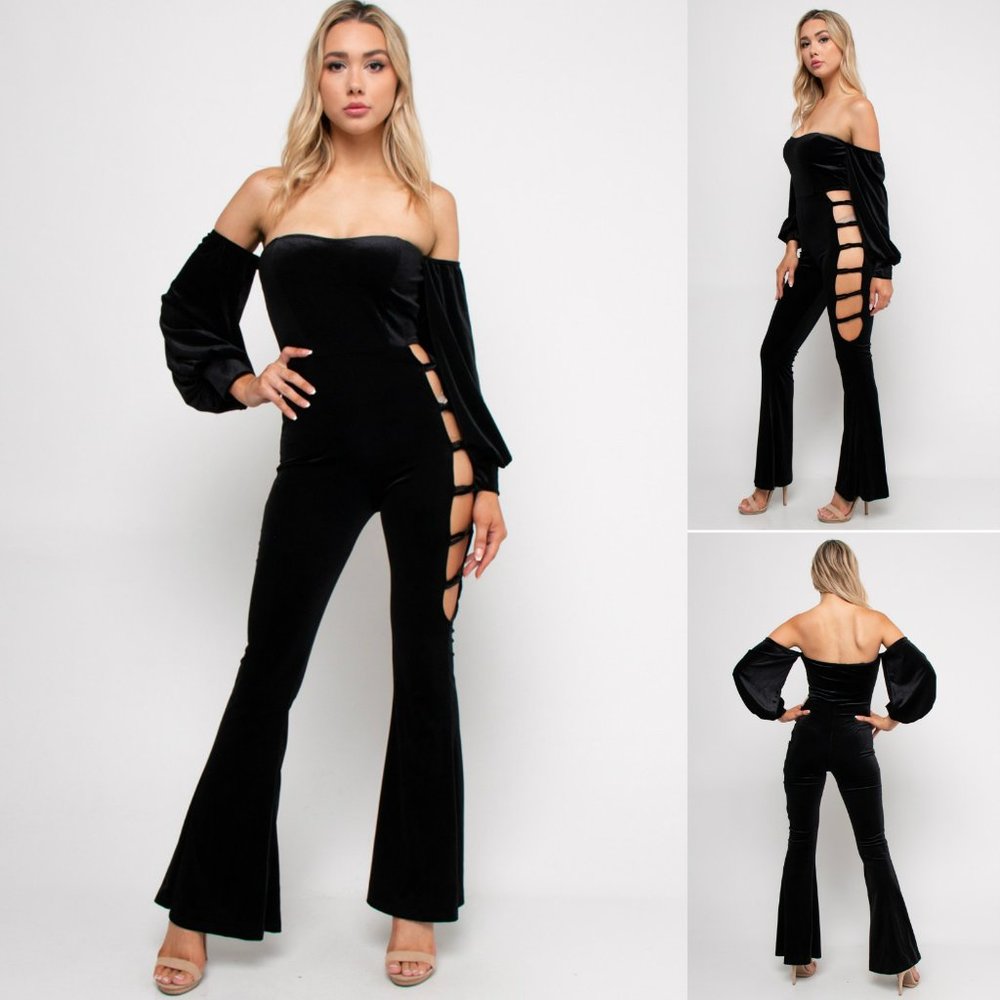 VELVET Off Shoulder CUT-OUT SIDE Flare leg Party JUMPSUIT, Made in USA, S,M,L